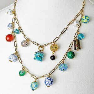 One-of-a-Kind Upcycled Double-Layer Gold Charm Necklace w/ Kawaii Maneki Neko